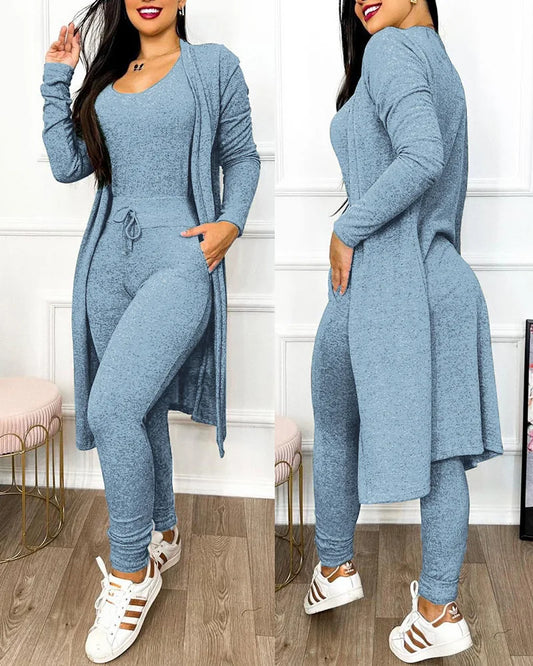 Drawstring Pocket Design Jumpsuit & Coat Set Solid Color Women Autumn Lace Up Long Top Slim Fit Pencil Pants Fashion