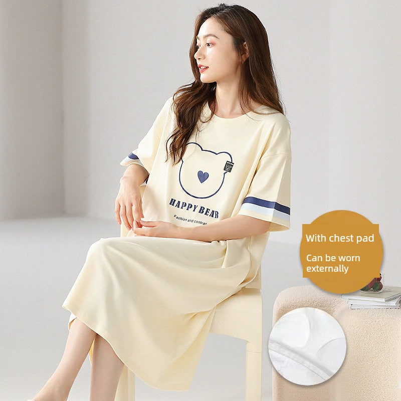 Chest Pad Nightdress Women Summer Style Pure Cotton Integrated Short sleeve Korean Summer Long dress Pajamas Cartoon Pocket Net Red Style