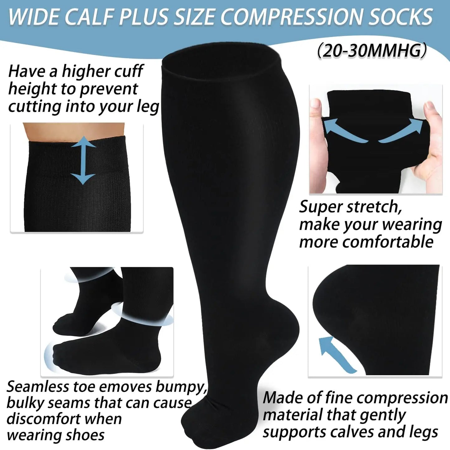 6 Pairs 5XL Compression Socks Wide Calf Women Men Support Stockings Reduces Swelling Pain Nurses Running Pregnant Travel Flight