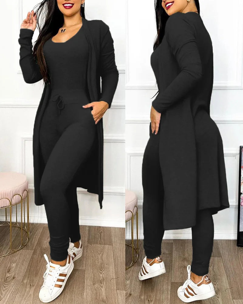 Drawstring Pocket Design Jumpsuit & Coat Set Solid Color Women Autumn Lace Up Long Top Slim Fit Pencil Pants Fashion