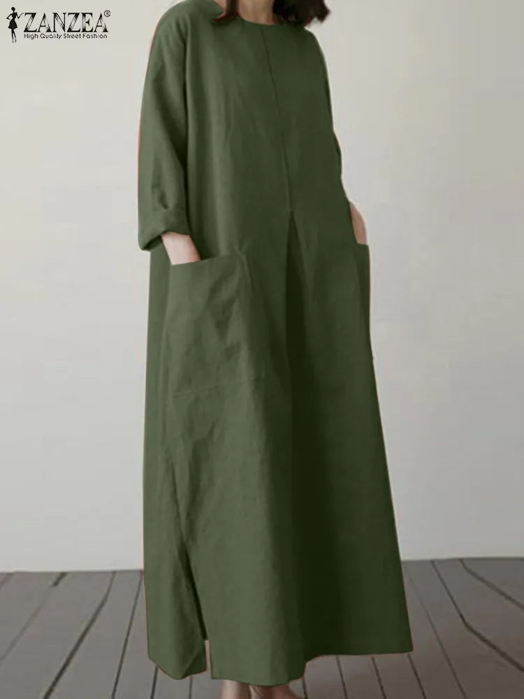 2023 ZANZEA Fashion Summer Sundress Vintage Women Solid 3/4 Sleeve Dress Baggy Loose Casual Vestidos Kaftan Robe Femme Oversize