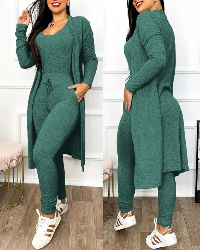 Drawstring Pocket Design Jumpsuit & Coat Set Solid Color Women Autumn Lace Up Long Top Slim Fit Pencil Pants Fashion